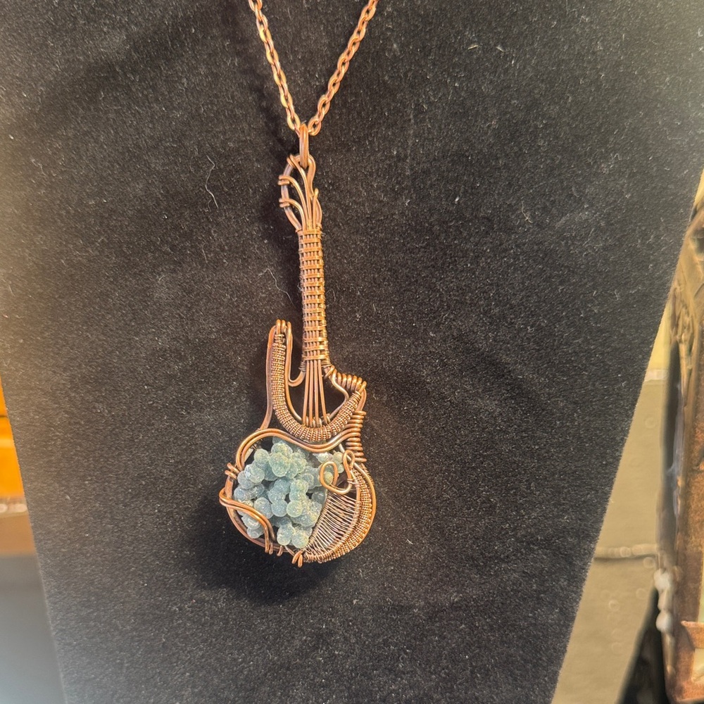 Handcrafted Copper Wire Guitar Pendant Necklace with Grape Agate Stone